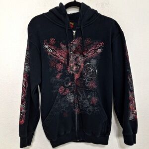 Hot Leathers Women’s Black Pink Graphic Grunge Bikercore Full Zip Hoodie Size S